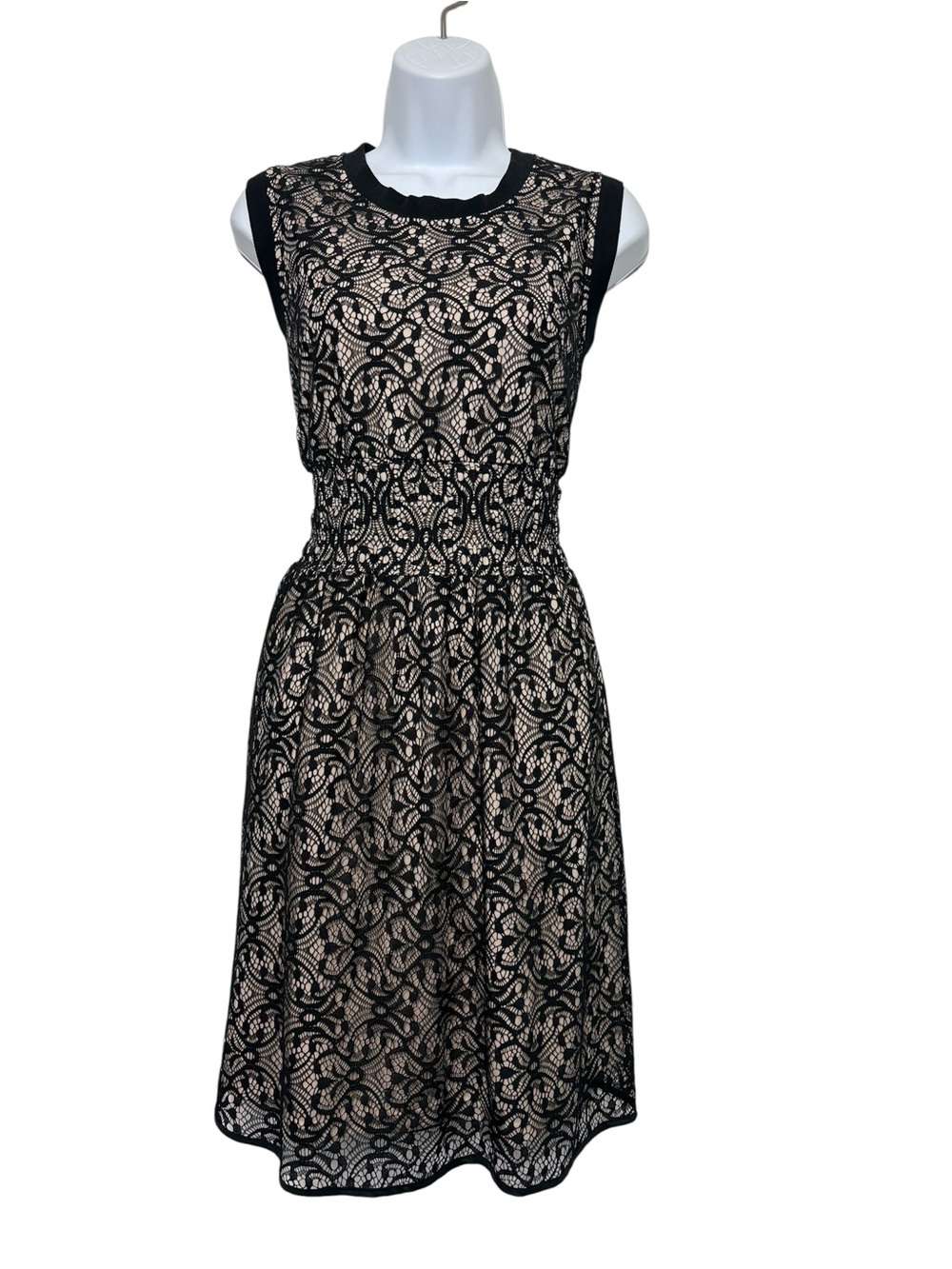 Miss Pinky Black Lace Overlay Fit & Flare Party Dress Nude Lining Sleeveless SzL